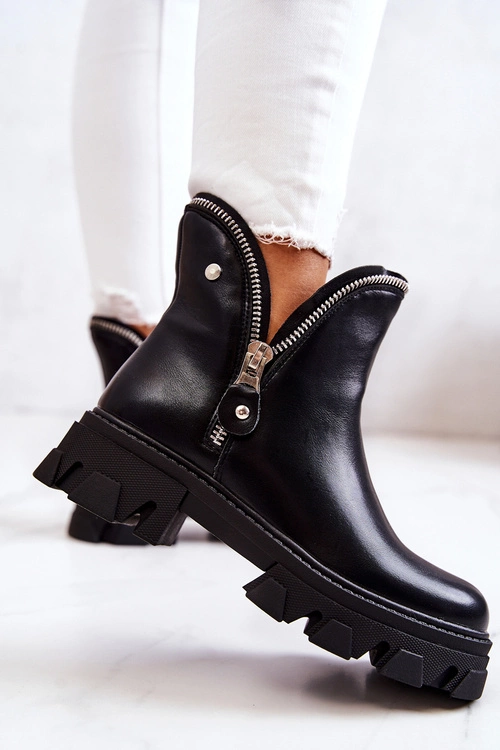 Skórzane Botki Ozdobne Suwaki Czarne Deborah