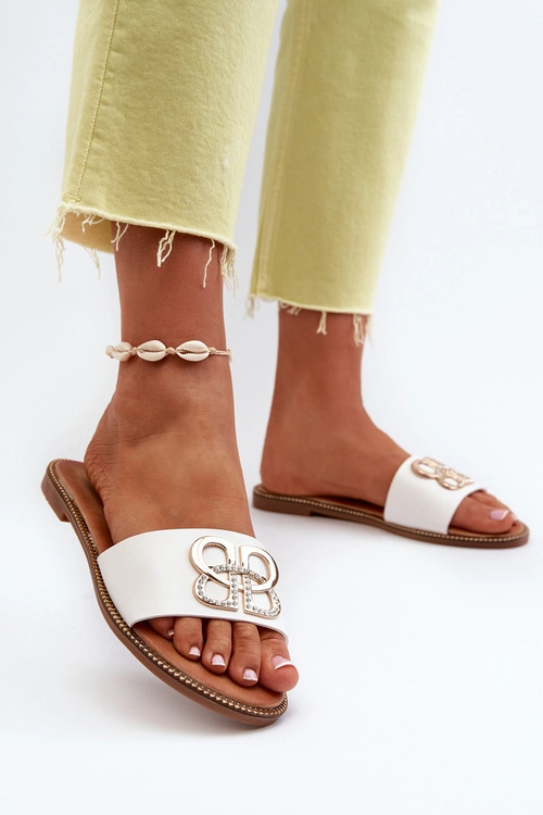 Klapki Damskie Z Ozdobą Eko Skórzane Na Płaskim Obcasie Białe Sadria