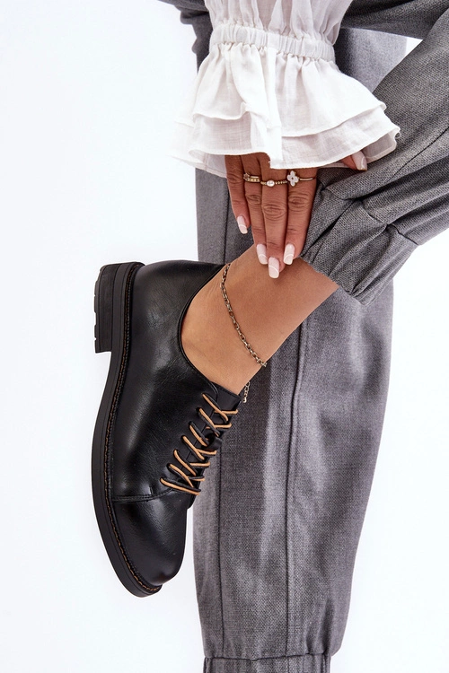 Sznurowane Skórzane Damskie Półbuty Czarne Nakera