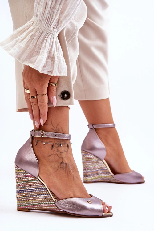 Skórzane Sandały Na Koturnie Laura Messi 2603/783 Srebrne