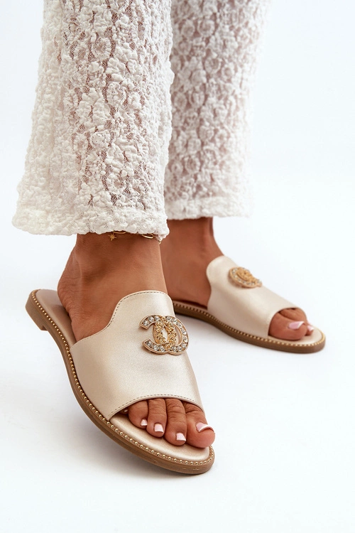 Eleganckie Klapki Damskie Błyszczące Z Ozdobą S.Barski KV27-050 Złote