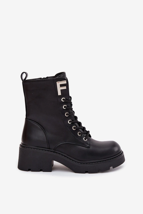 Botki Workery Damskie Na Klocku Ocieplane Z Literą F Czarne Lurina