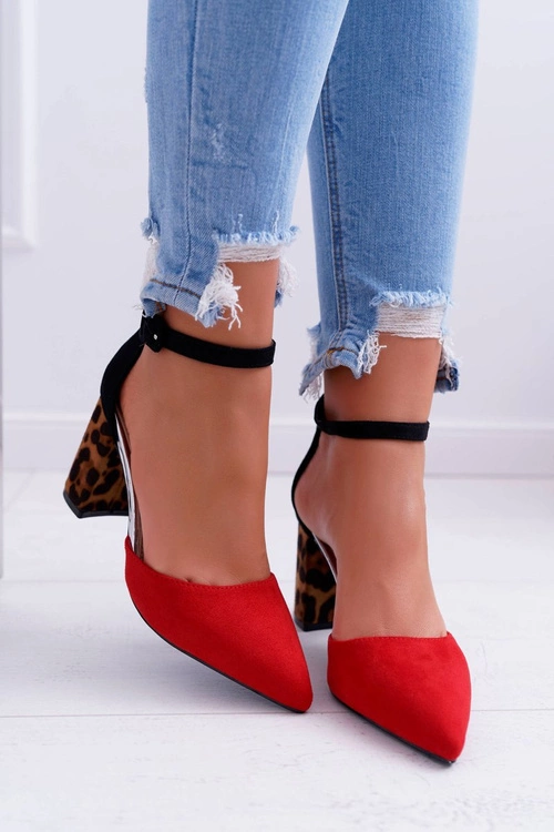 Czółenka Damskie Na Słupku Panterki Czerwone Ferri