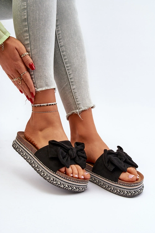 Klapki Damskie Na Platformie Z Kokardą Czarne Evatria