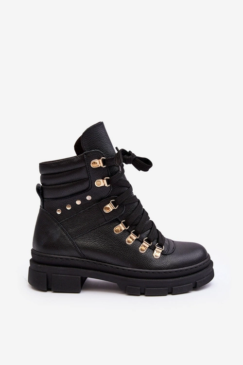 Damskie Skórzane Trapery Botki Sznurowane Zazoo K01 Czarne