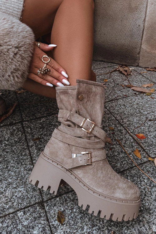 Botki Damskie Na Masywnym Obcasie Z Klamrami I Paskiem Beżowe Nerelisa