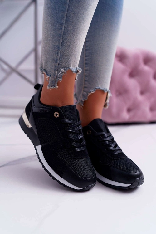 Sportowe Damskie Buty Siatka Zamsz Czarne Merido