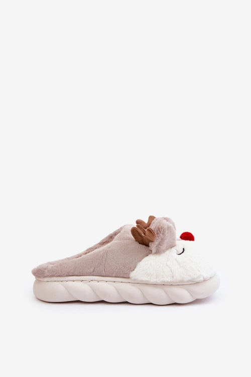 Futrzane Kapcie Damskie Z Motywem Renifera Beżowe Wistira