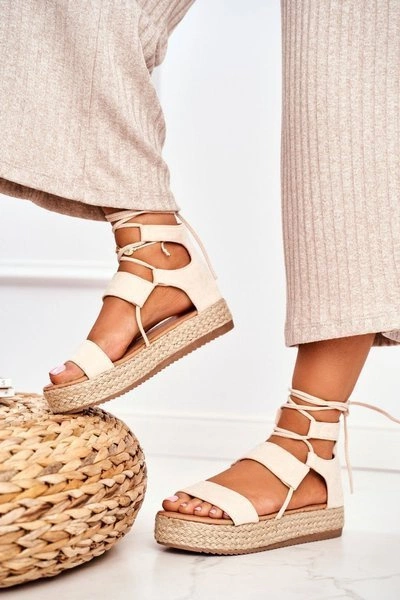 Espadryle Damskie Na Platformie Wiązane Beżowe Fuerta