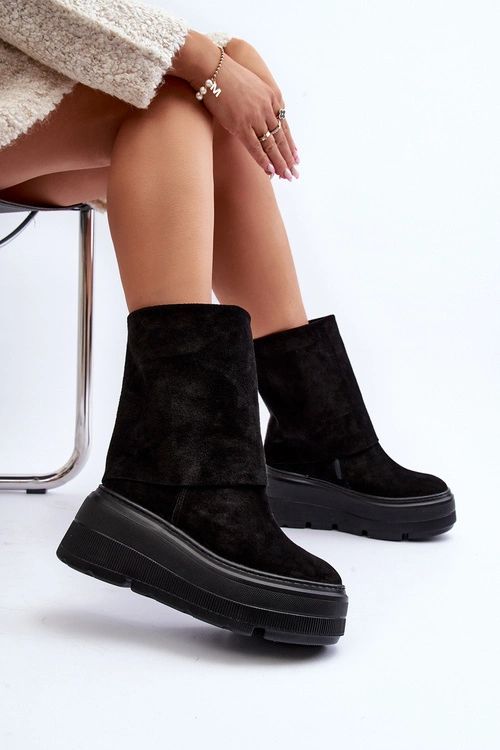 Zazoo 3410 Zamszowe Damskie Botki Na Masywnej Platformie Czarne