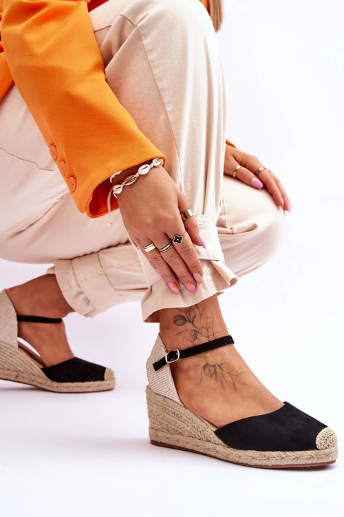 Zamszowe Sandałki Espadryle Na Koturnie Czarne Cammer