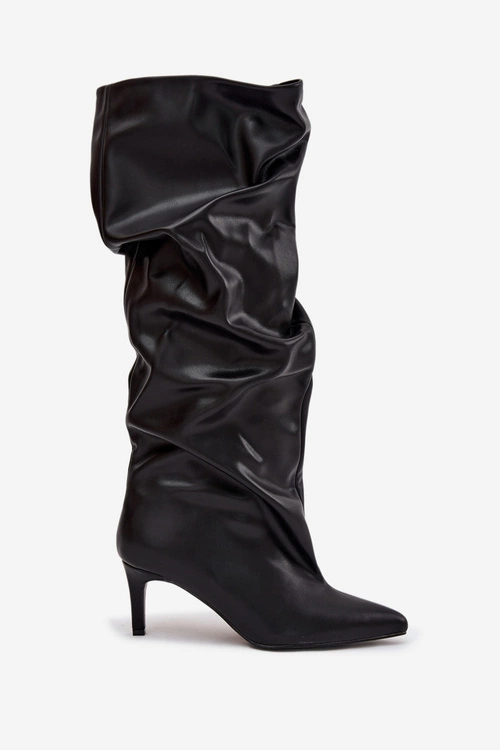 Kozaki Damskie Na Szpilce Wsuwane Z Marszczeniem Czarne Rosivine