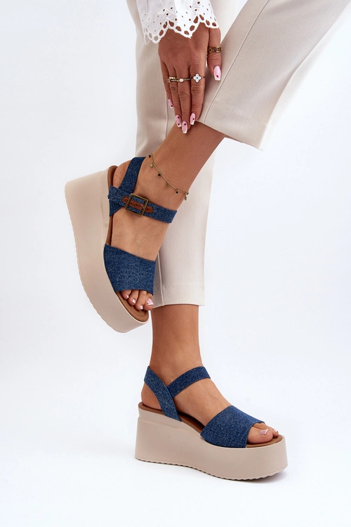 Damskie Jeansowe Sandały Na Koturnie Niebieskie Geferia