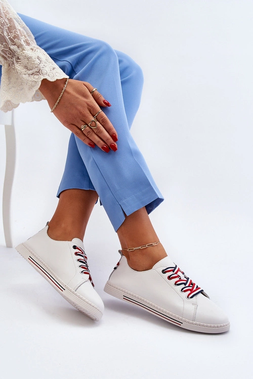 Damskie Skórzane Tenisówki Białe Litzy