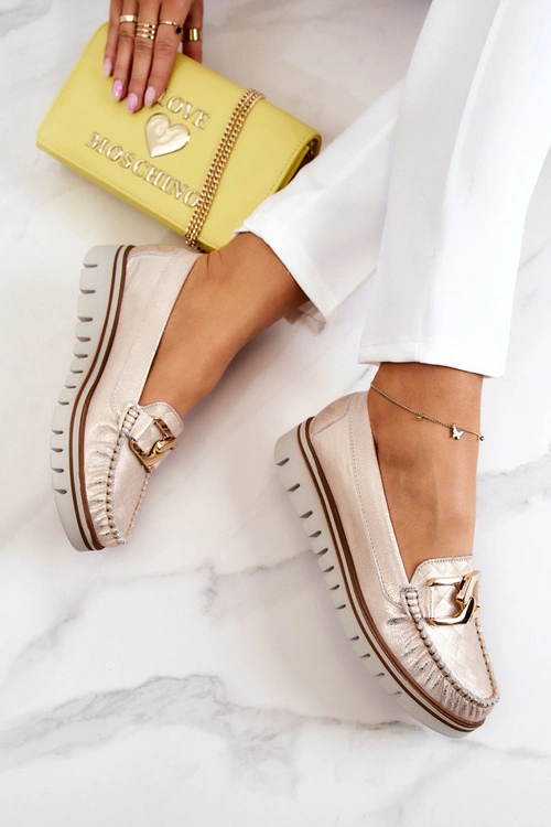 Damskie Skórzane Mokasyny Na Platformie Złote Venesia