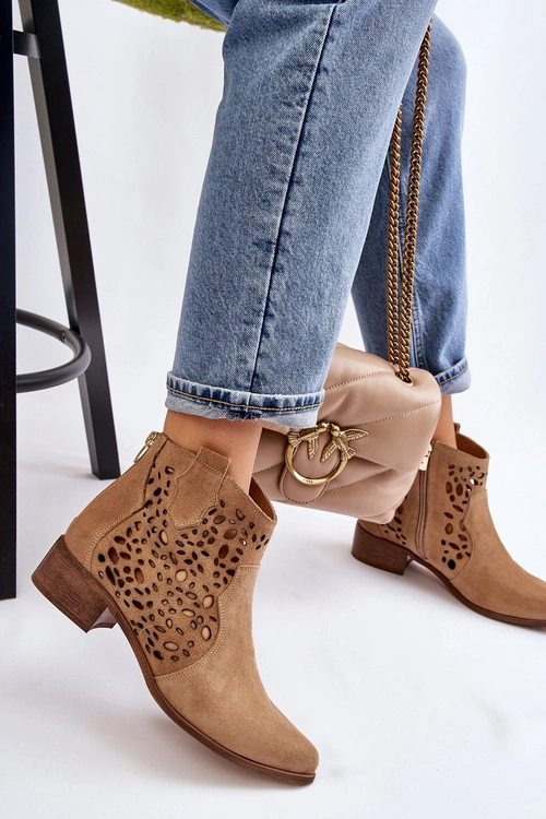 Damskie Ażurowe Botki Lewski Shoes 2909 Ciemnobeżowe