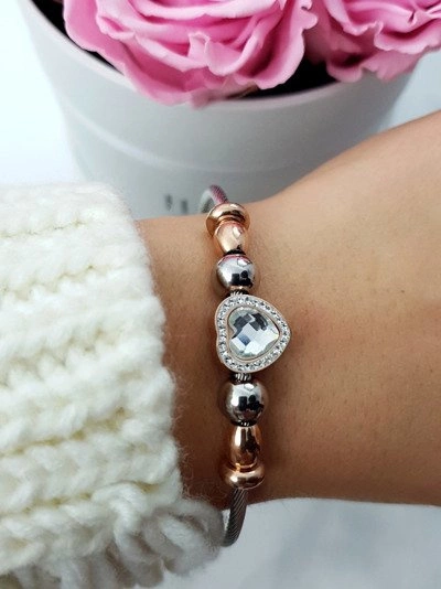 Damska Bransoleta Na Stalowej Lince Z Cyrkoniami Serce Isabella