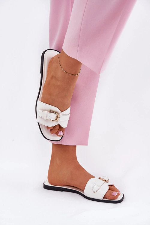 Płaskie Klapki Damskie Ze Złotą Klamrą Białe Esiobb