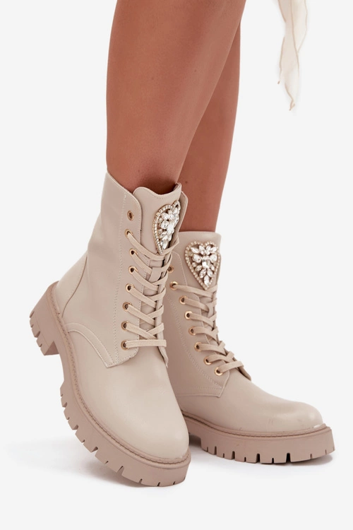 Botki Workery Damskie Z Kryształkami Na Języku Jasnobeżowe Rosira