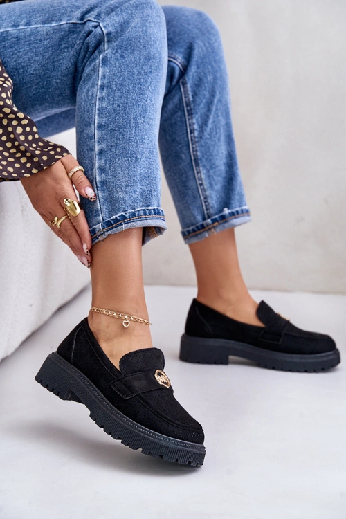 Damskie Półbuty Mokasyny Ze Złotym Detalem Czarne Arilva