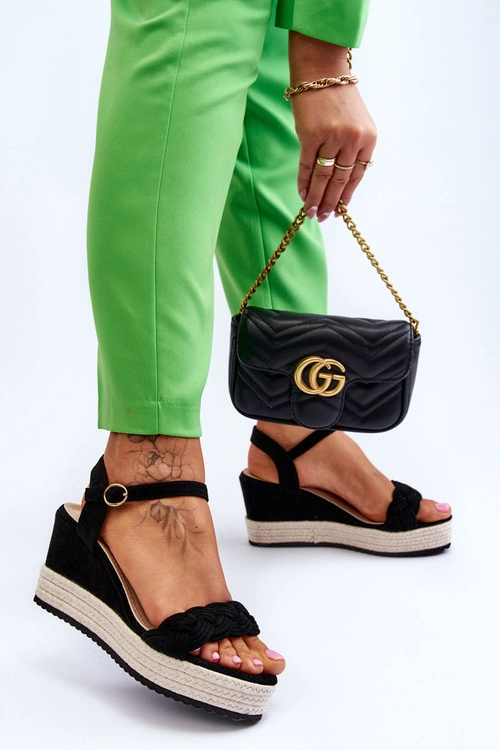 Klasyczne Zamszowe Sandały Na Koturnie Czarne Denisse