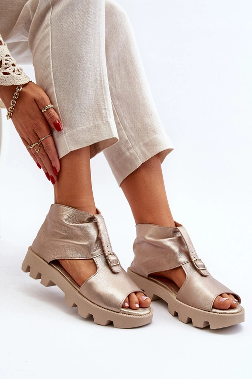 Zazoo 999 Skórzane Sandały Damskie Z Zamkiem Złote