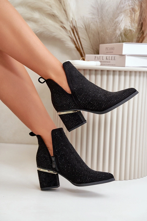 Zdobione Botki Damskie Na Obcasie Z Noskami W Szpic Czarne Fararia
