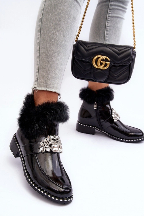 Lakierowane Botki Z Ozdobą I Futerkiem S.Barski MR870-73 Czarne