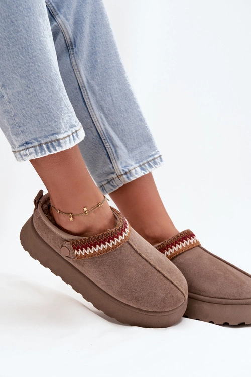 Śniegowce Damskie Niskie Z Ruchomym Paskiem I Haftem Na Platformie Ciemnobeżowe Lyrisse