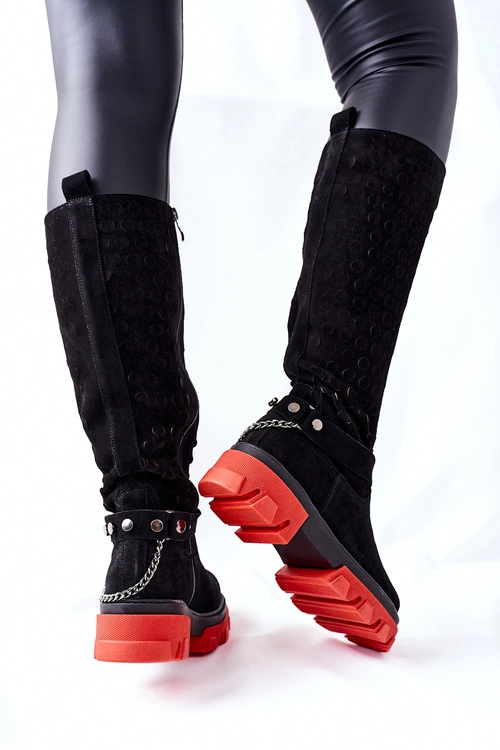 Damskie Skórzane Kozaki Lewski Czarne Zamszowe 2866