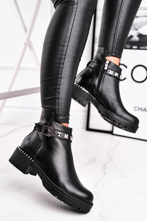 Botki Damskie Skórzane Ocieplane Laura Messi Czarne 2055