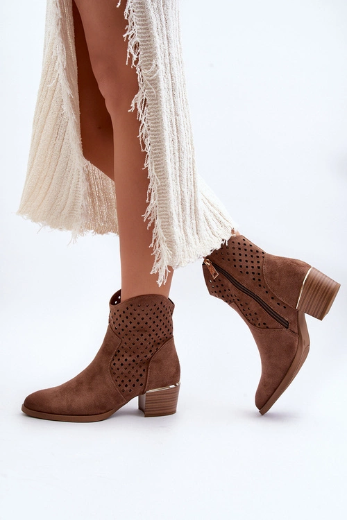 Ażurowe Botki Na Niskim Obcasie Brązowe Cilvana