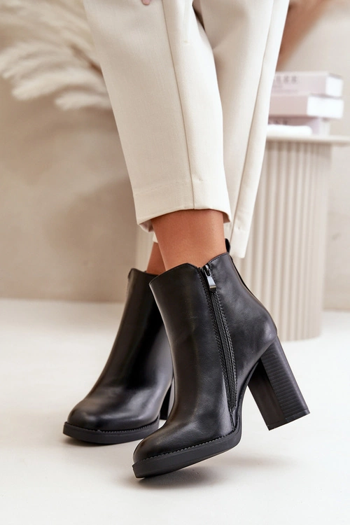 Ocieplane Botki Damskie Na Słupku Eko Skórzane Czarne Teresine