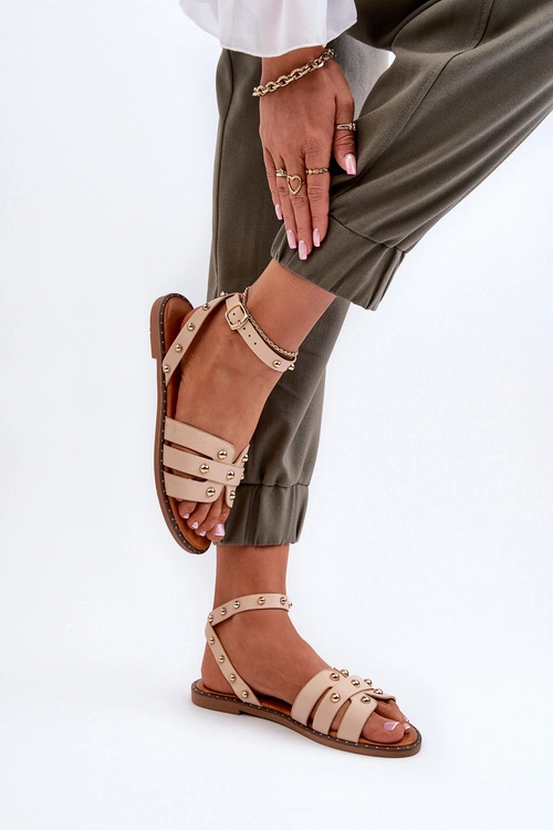 Zdobione Sandały Damskie Na Płaskim Obcasie Beżowe Ianaera