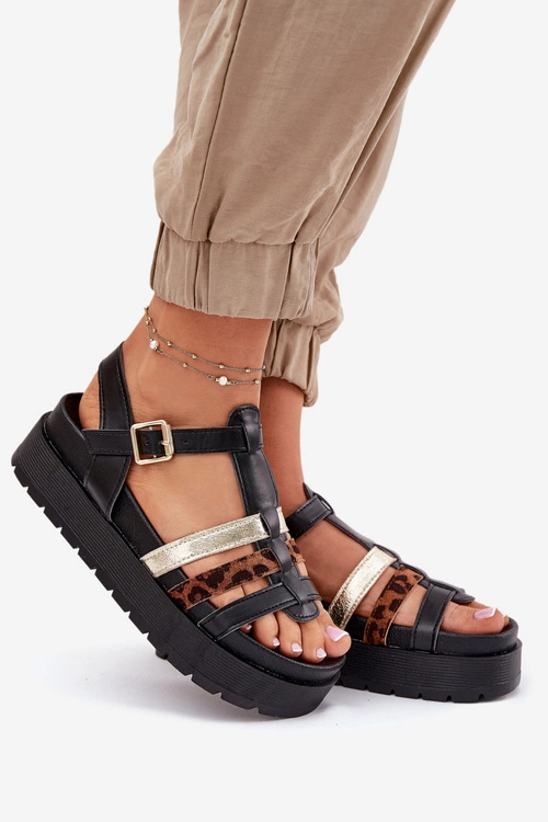 Sandały Damskie Z Paskami Na Platformie Czarne Gallari