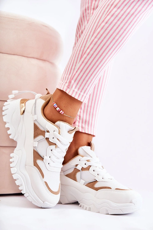 Modne Materiałowe Buty Sportowe Beżowo-Białe Amariso