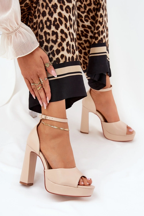 Sandały Damskie Na Słupku I Platformie Eko Skórzane Beżowe Lomman