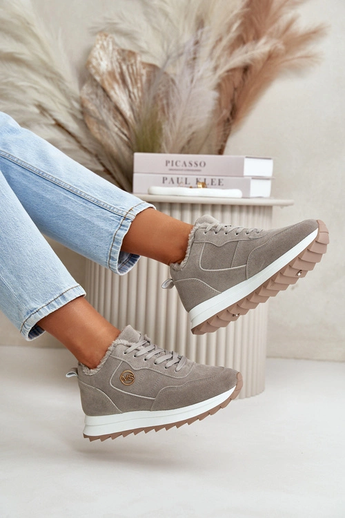 Ocieplane Skórzane Buty Sportowe Na Platformie Szare Adite