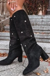 Kozaki Damskie Ocieplane Na Słupku Z Ozdobnymi Detalami Czarne Lucinda