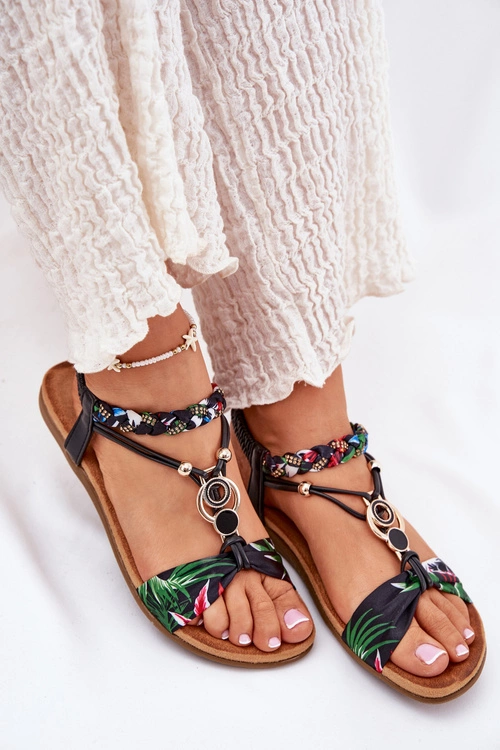 Sandały Damskie Płaskie Z Plecionymi Paskiem I Ozdobą Artiker 56C1318 Czarne