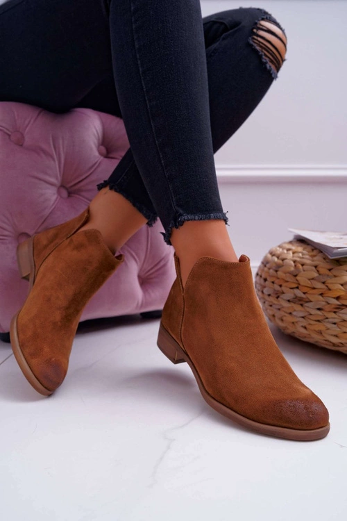 Botki Damskie Płaski Obcas Wiosenne Skórzane Brązowe Madness