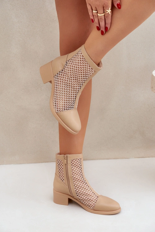 Siateczkowe Botki Damskie Na Obcasie Beżowe Lithyia