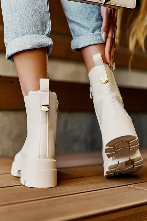 Sztyblety Botki Damskie Skórzane Z Ozdobami Jasnobeżowe Lobb