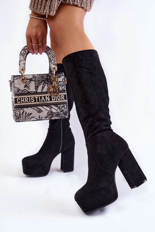 Zamszowe Kozaki Na Masywnym Obcasie I Platformie Czarne Nevira