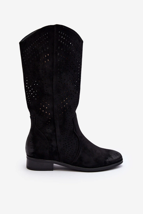 Ażurowe Kozaki Do Połowy Łydki Czarne Kleorelia