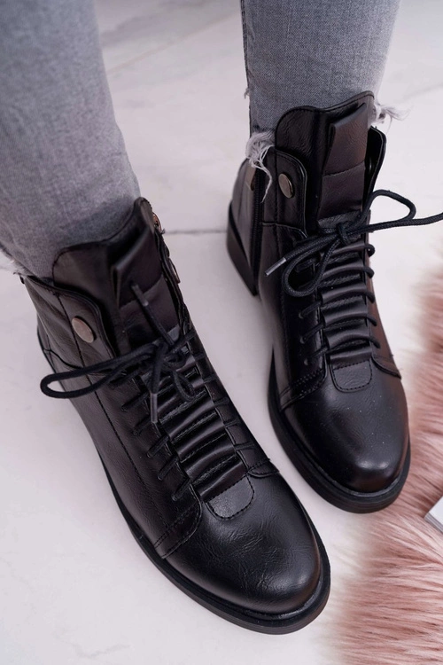 Damskie Botki Płaski Obcas Ocieplane Czarne Livin