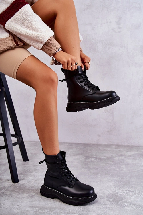 Modne Skórzane Botki Glany Czarne Casso