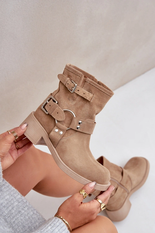 Zamszowe Botki Damskie Na Niskim Obcasie Klocku Z Paskami Zazoo 3644 Beżowe