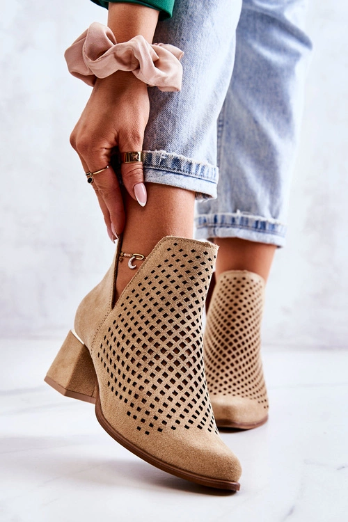 Zamszowe Ażurowe Botki Lewski Shoes 3165 Beżowe