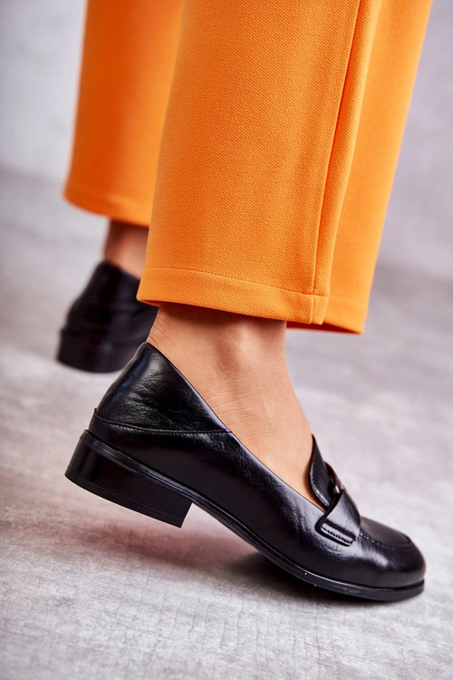 Modne Skórzane Półbuty Loafery Czarne Trine